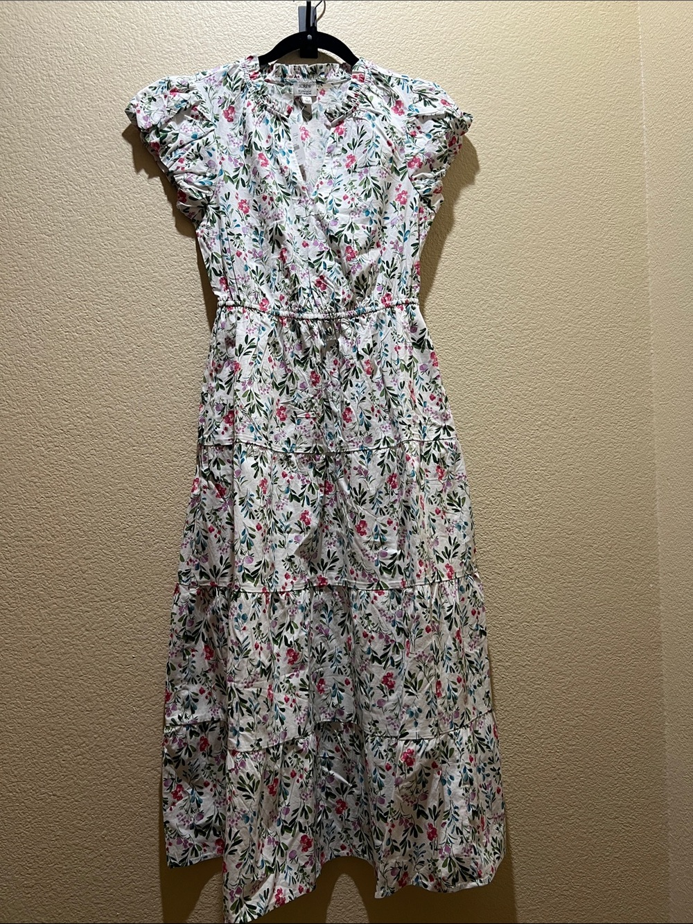 J. Crew White Floral Puff-Sleeve Maxi Dress with Pink & Green Accents